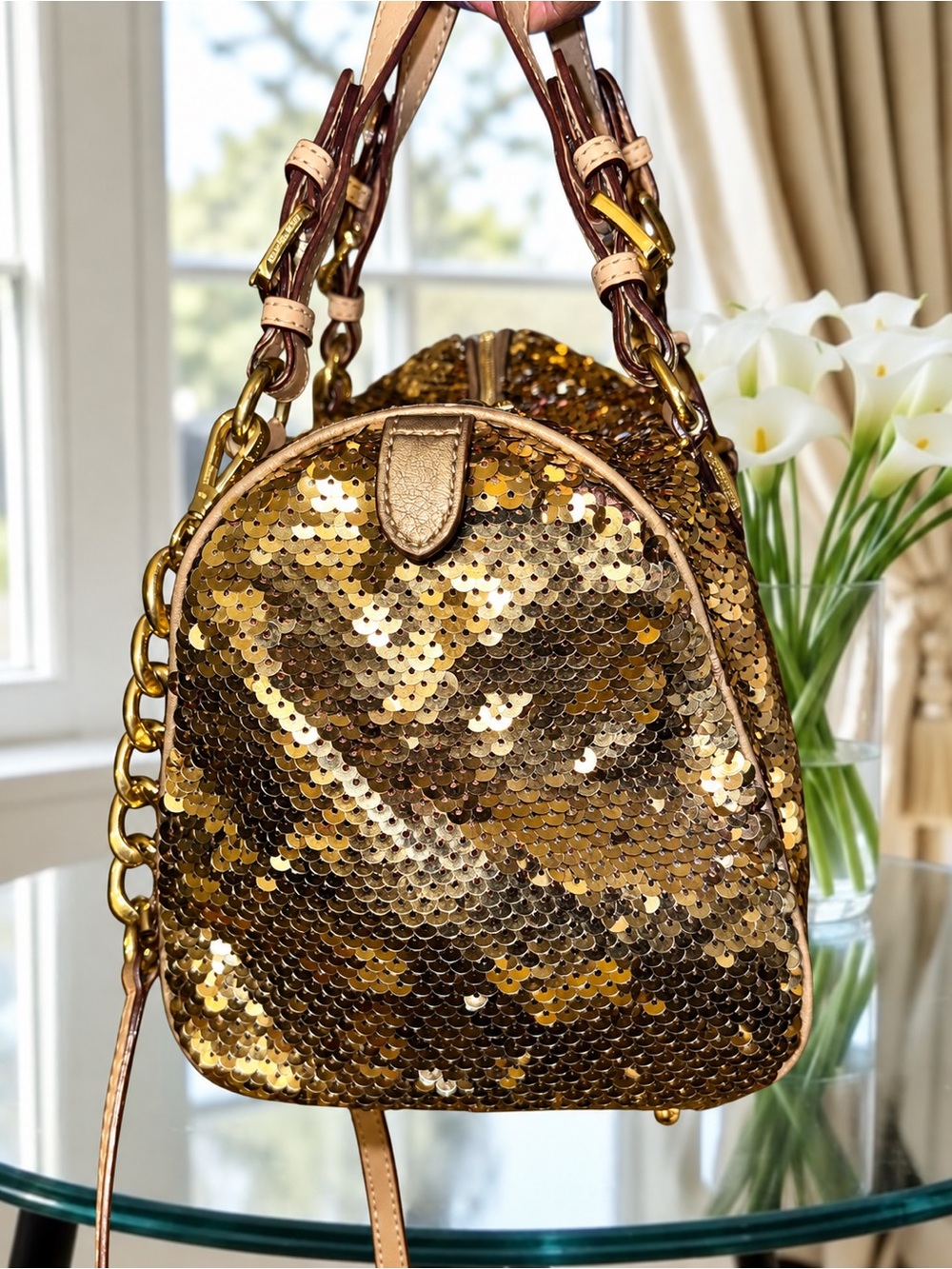 Michael Kors Gold Sequin Grayson Satchel Bag – Glam Metallic Satchel - Picture 4 of 10